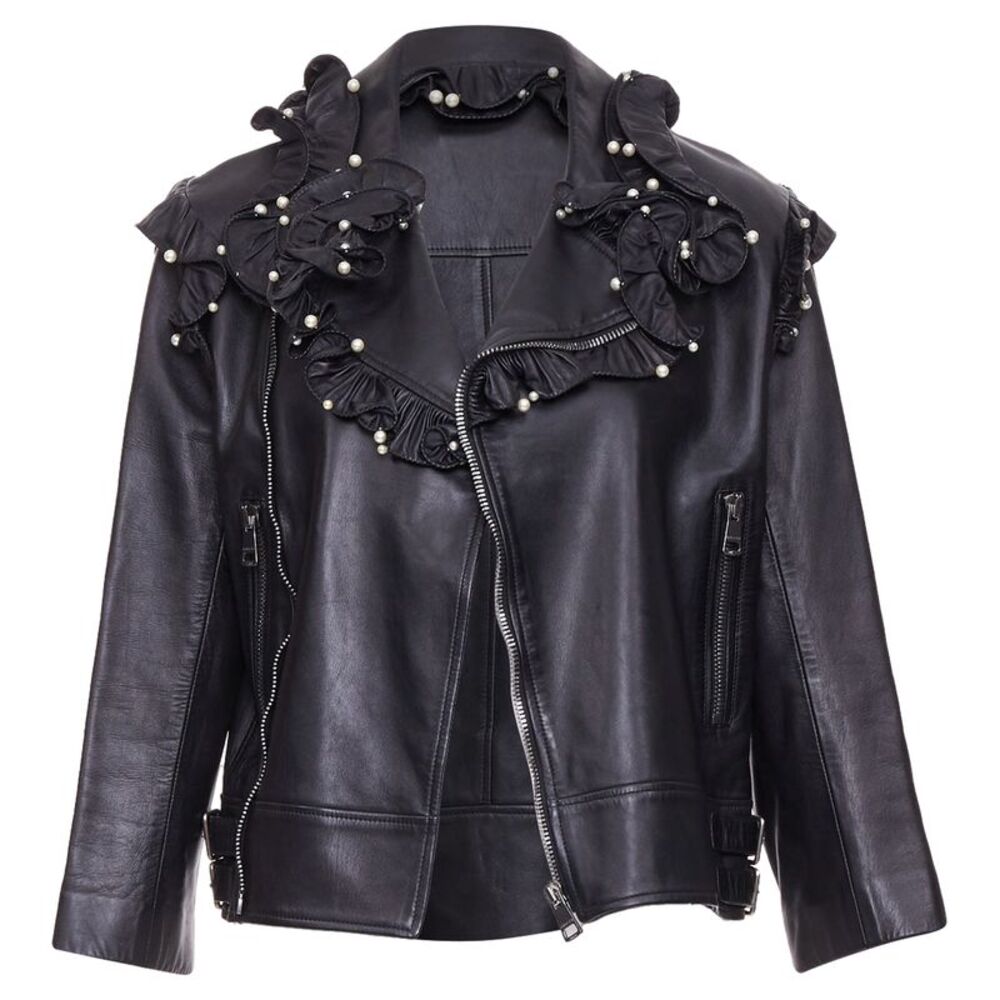 Gucci black lambskin leather faux pearl ruffle collar jacket